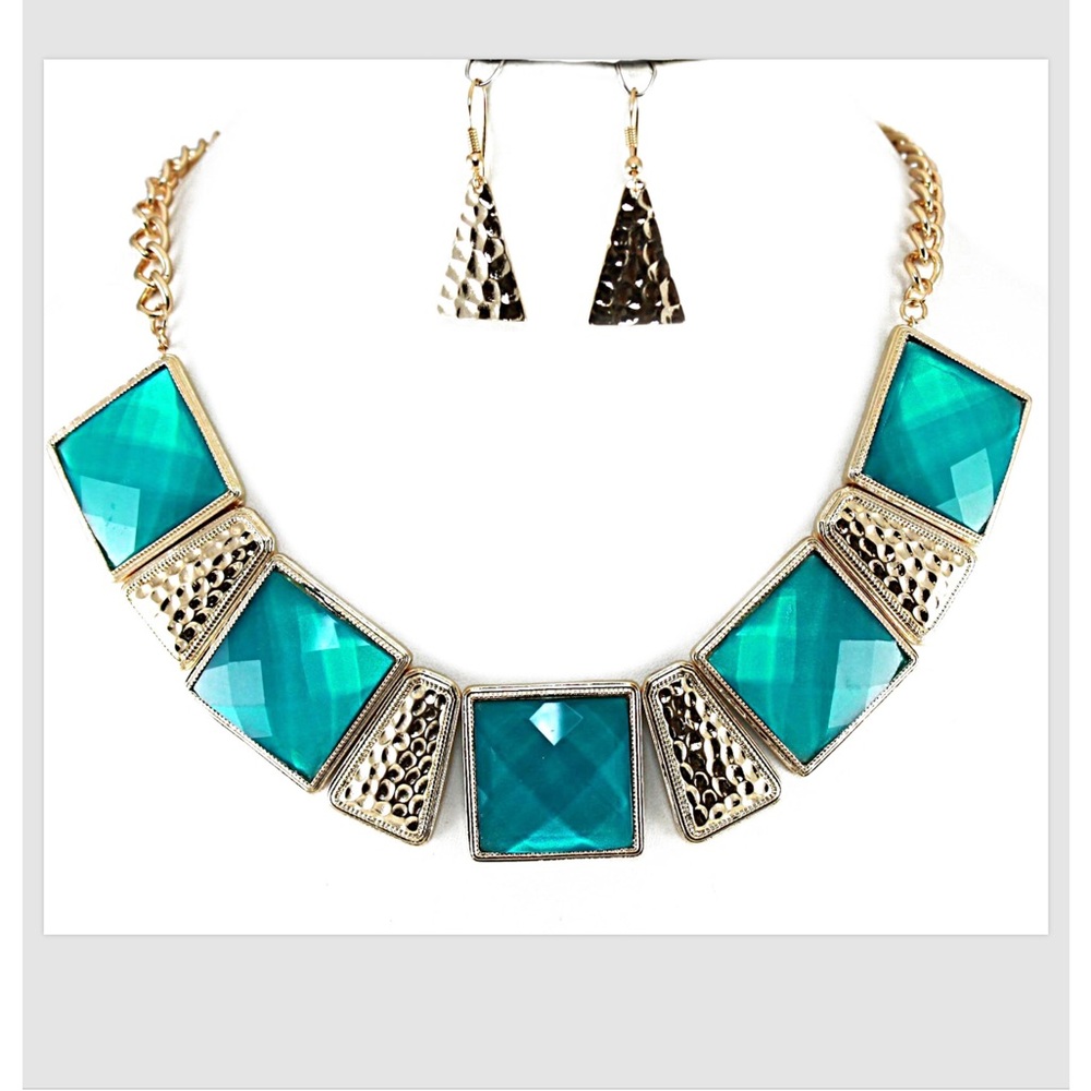 Necklace Earrings Turquoise Gold Women 17"-19" Hammered Chunky Set Acrylic